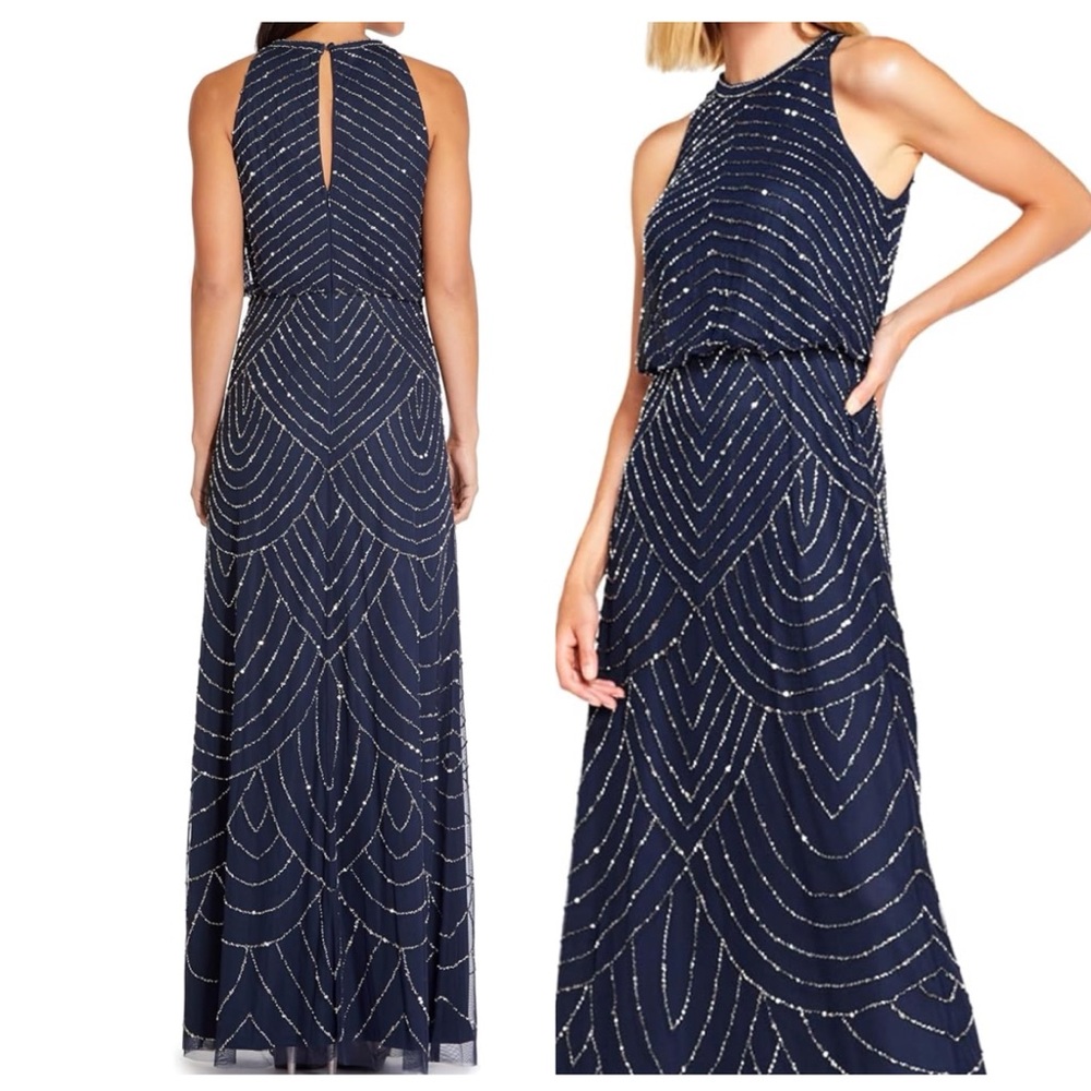 Adrianna Papell Navy Beaded Halter Maxi Gown